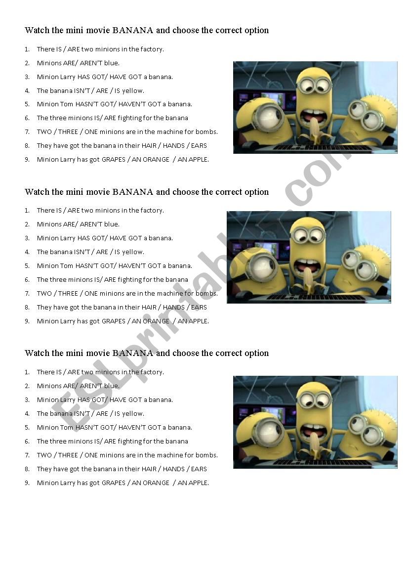 Minion mini movie Banana worksheet