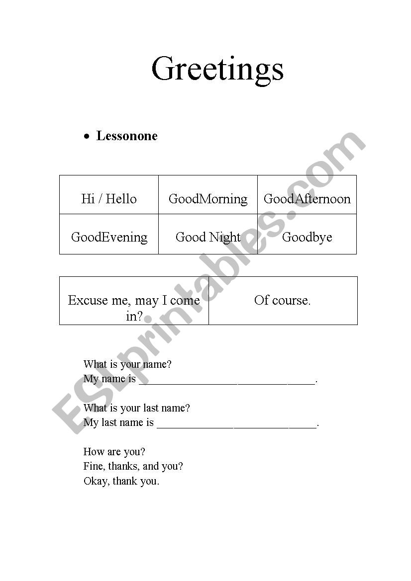 GREETINGS worksheet