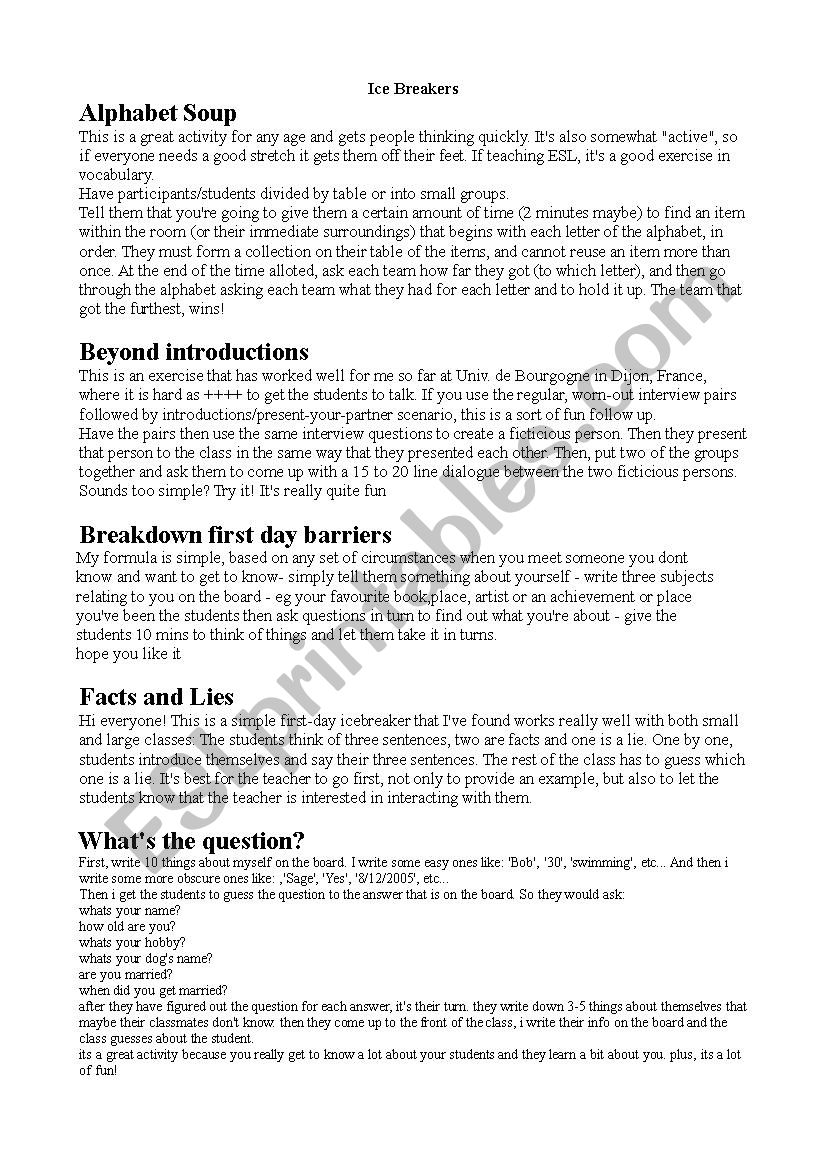 Ice Breakers worksheet