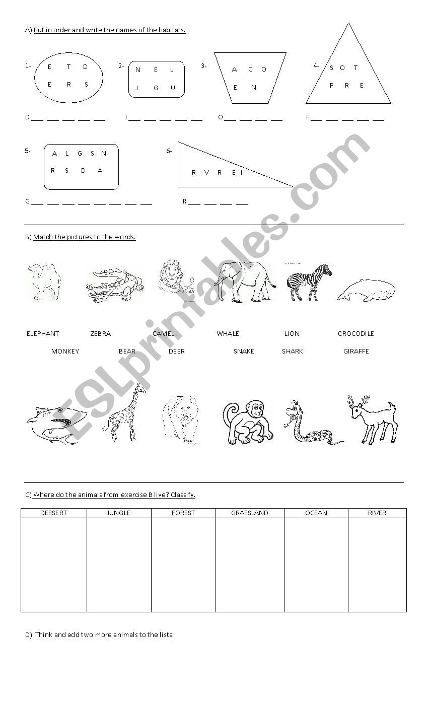 Animals habitats worksheet