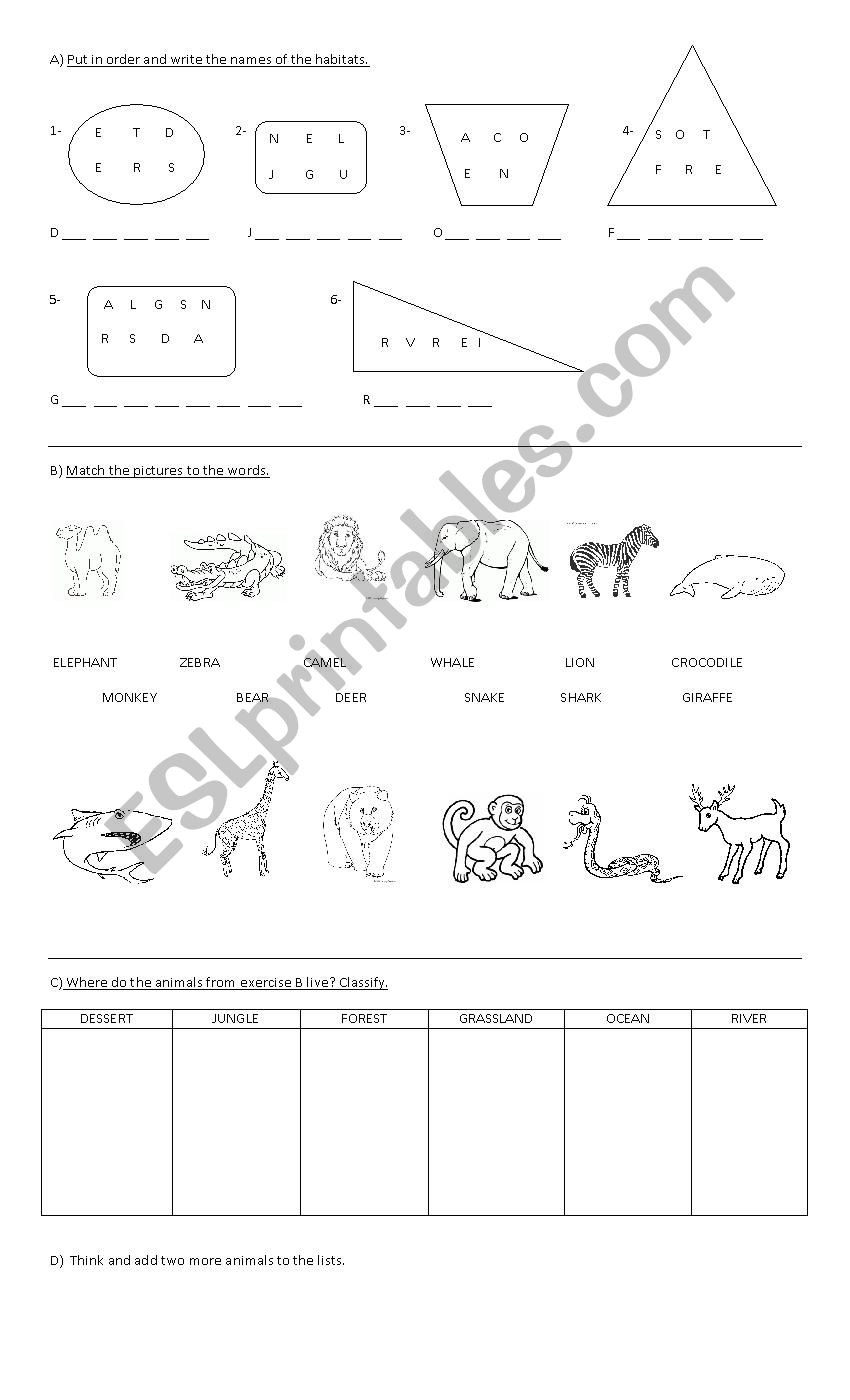 Animals habitats worksheet