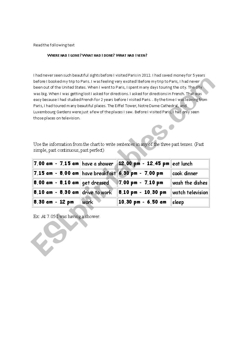Past tenses reading worksheet