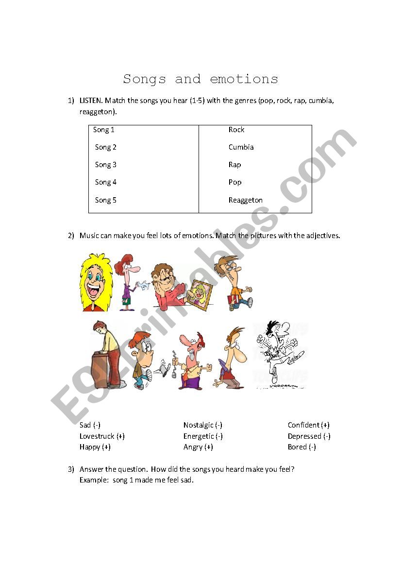 Songs and emotions - EDITABLE worksheet