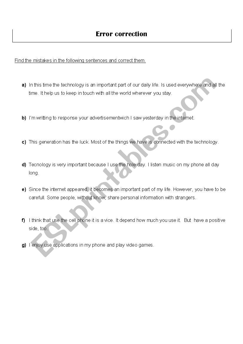 Error correction exercise worksheet