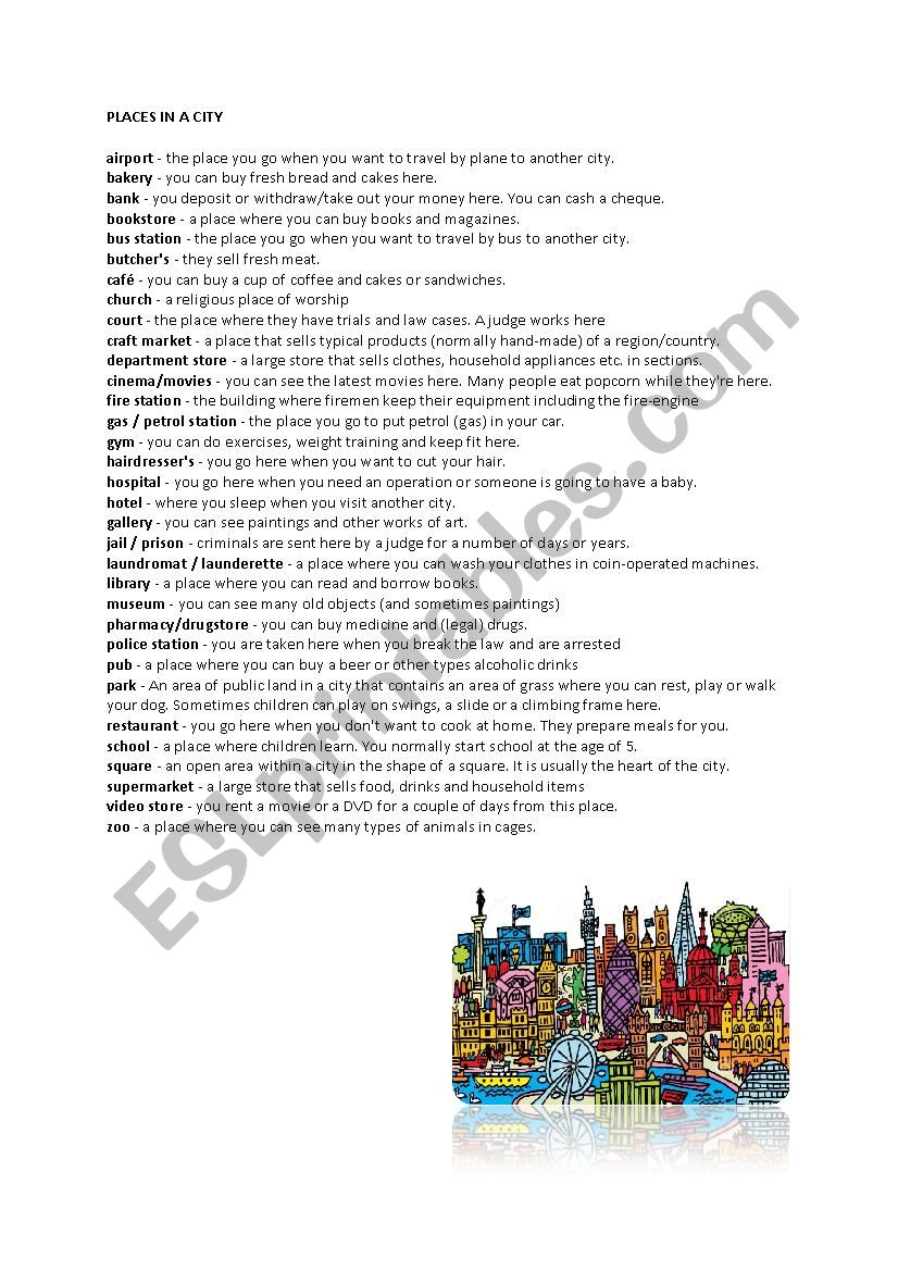 places in a city  worksheet