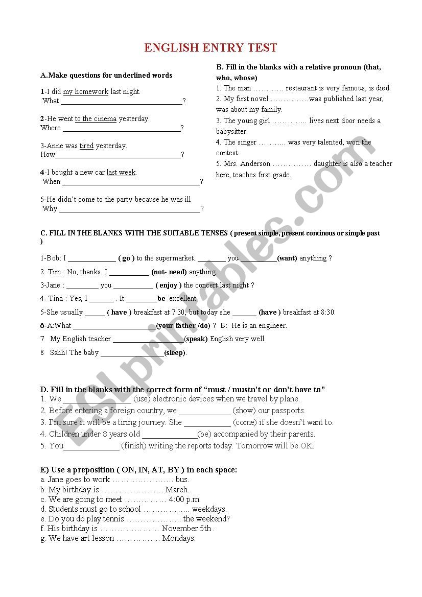 ENTRY TEST worksheet