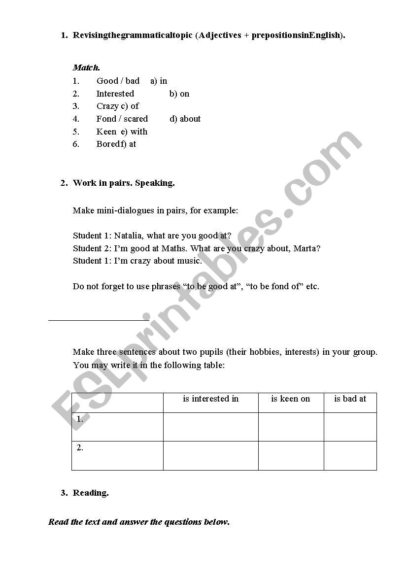 Adjectives + preposition practice (good at, keen on etc.)