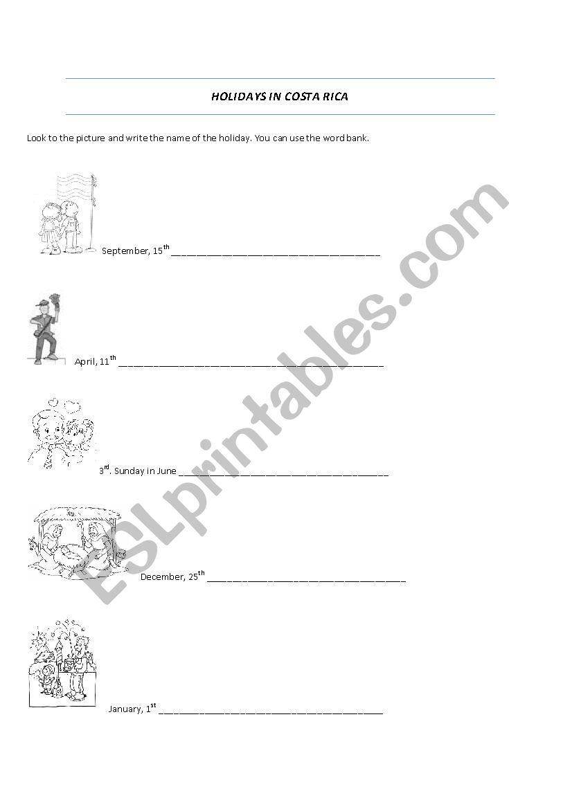 Holidays in Costa Rica worksheet