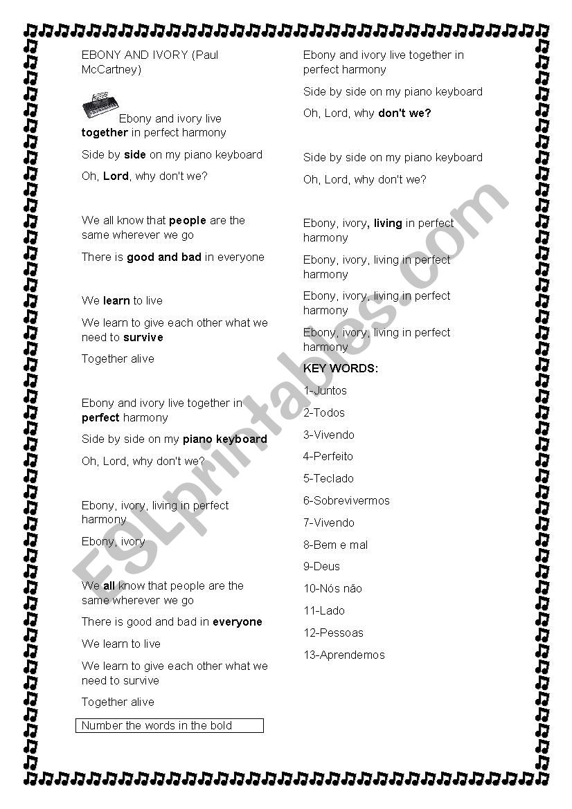 Ebony and Ivory Song worksheet