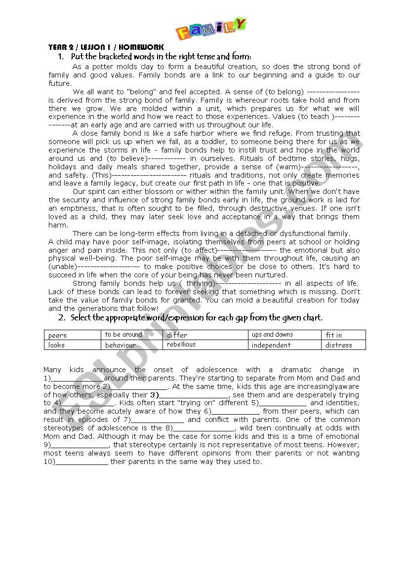 tasks about family life worksheet