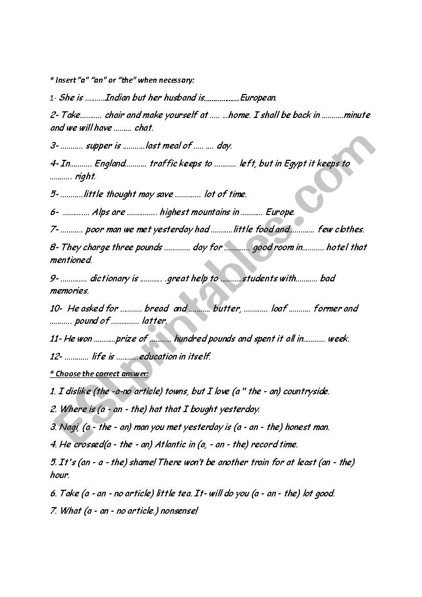 Articles and Zero Articles  worksheet