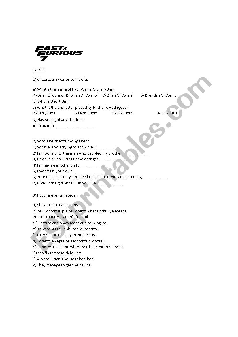 Fast and Furious 7 worksheet