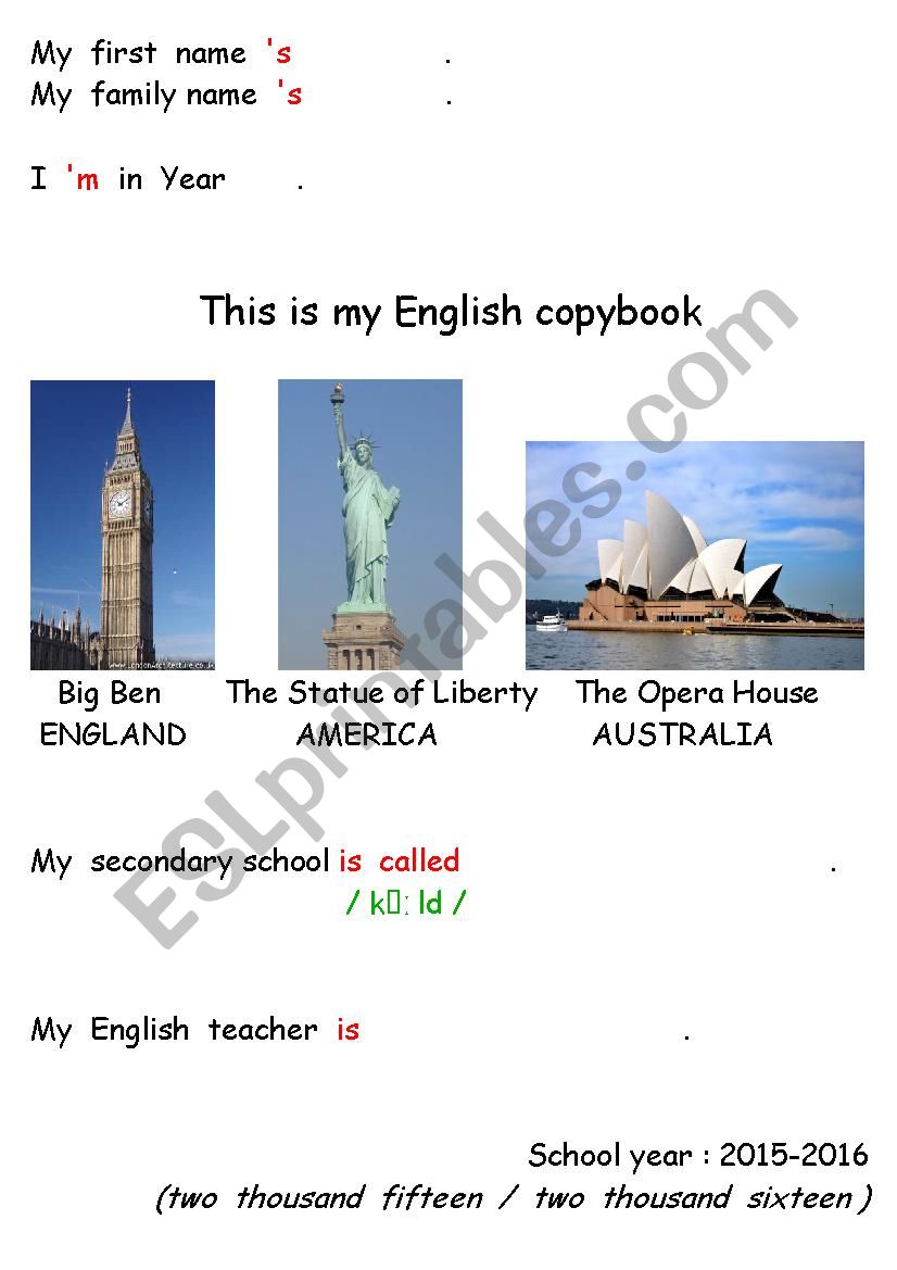 English copybook cover page worksheet