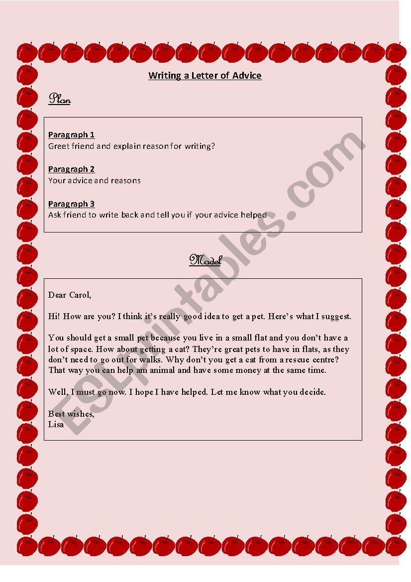 Writing a letter of advice worksheet