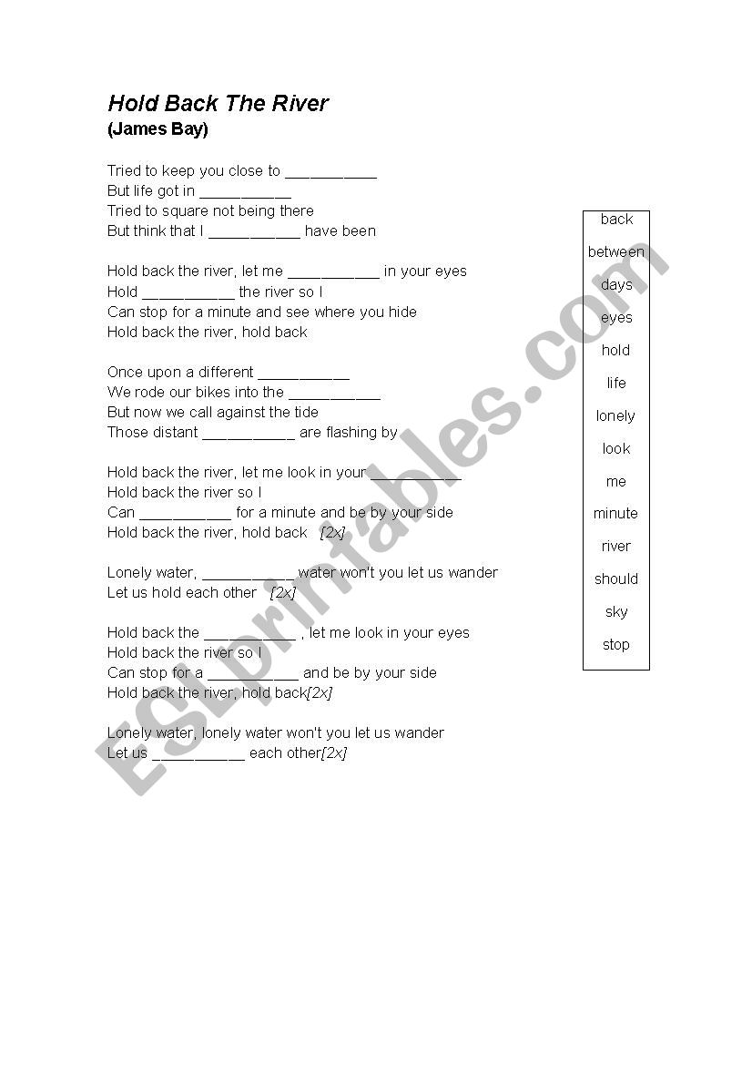 Song - Hold back the river worksheet