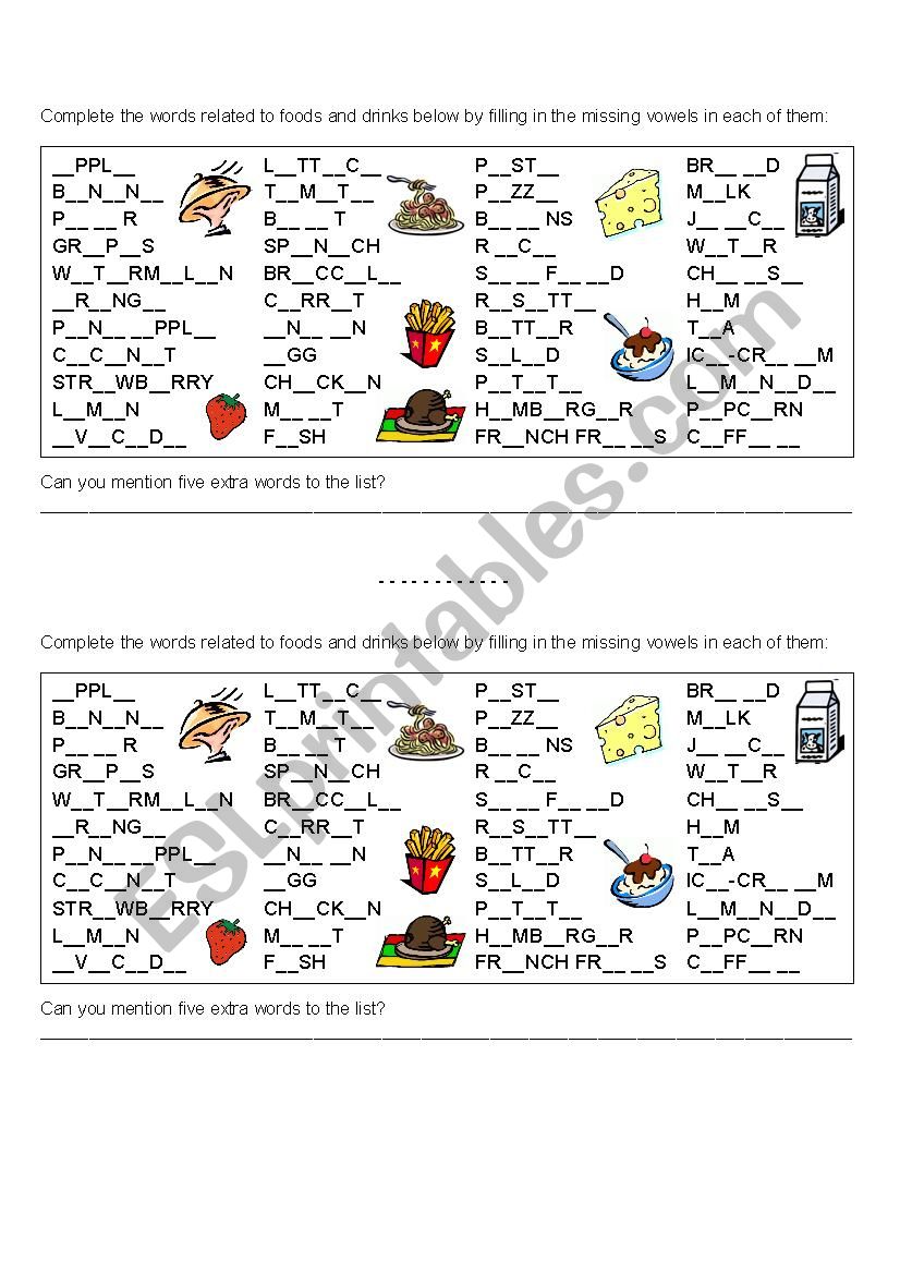 Food and drink vocab to fill in