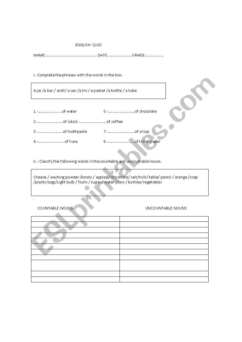 Quiz of countable and uncountable nouns