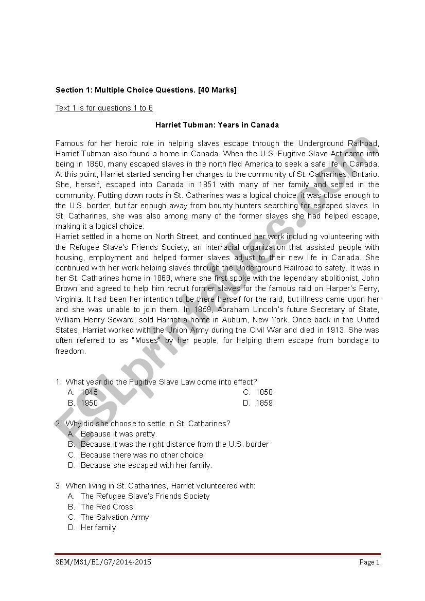 Multiple Choice Exam Grade 7 worksheet