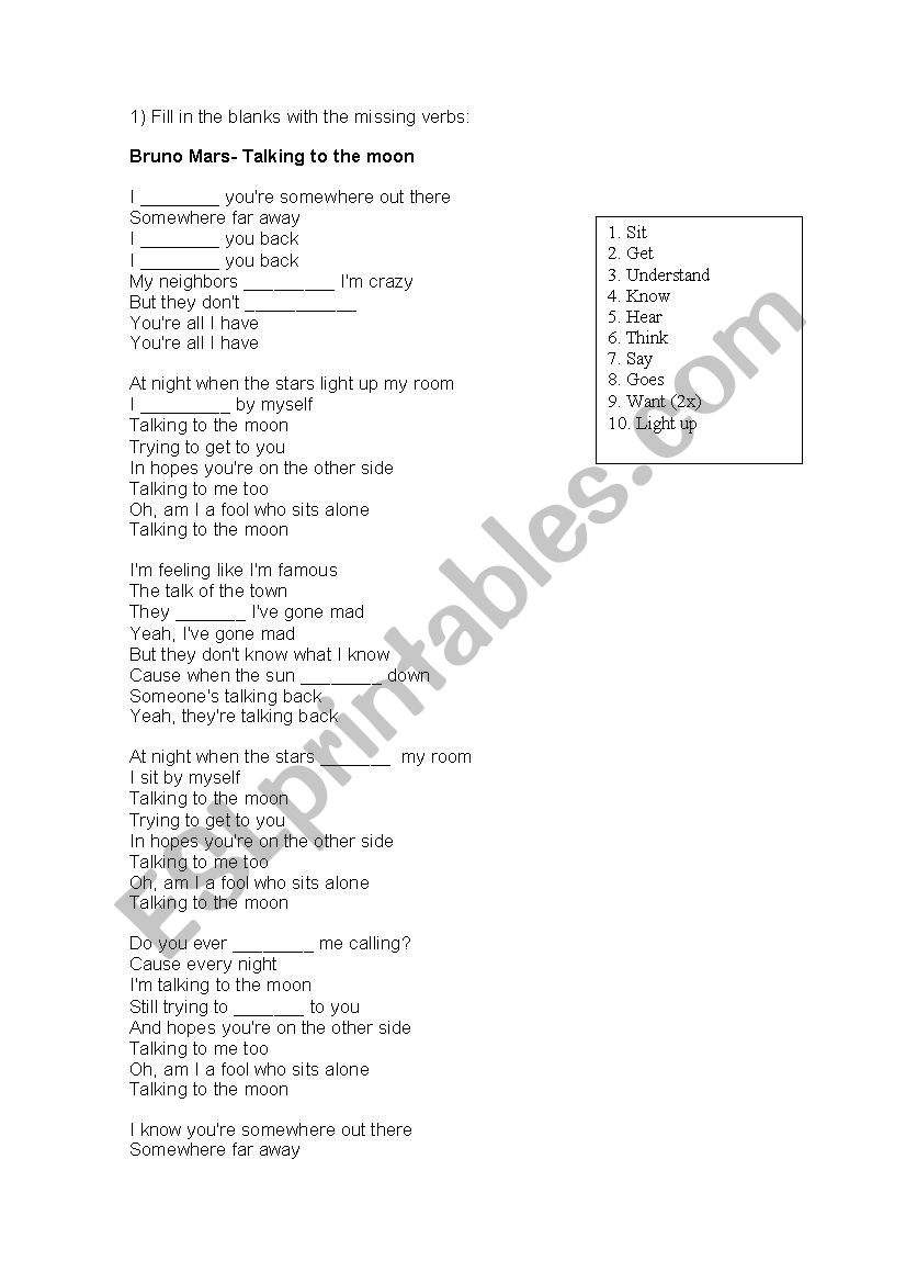 Song activity- Taling to the Moon (Bruno Mars)