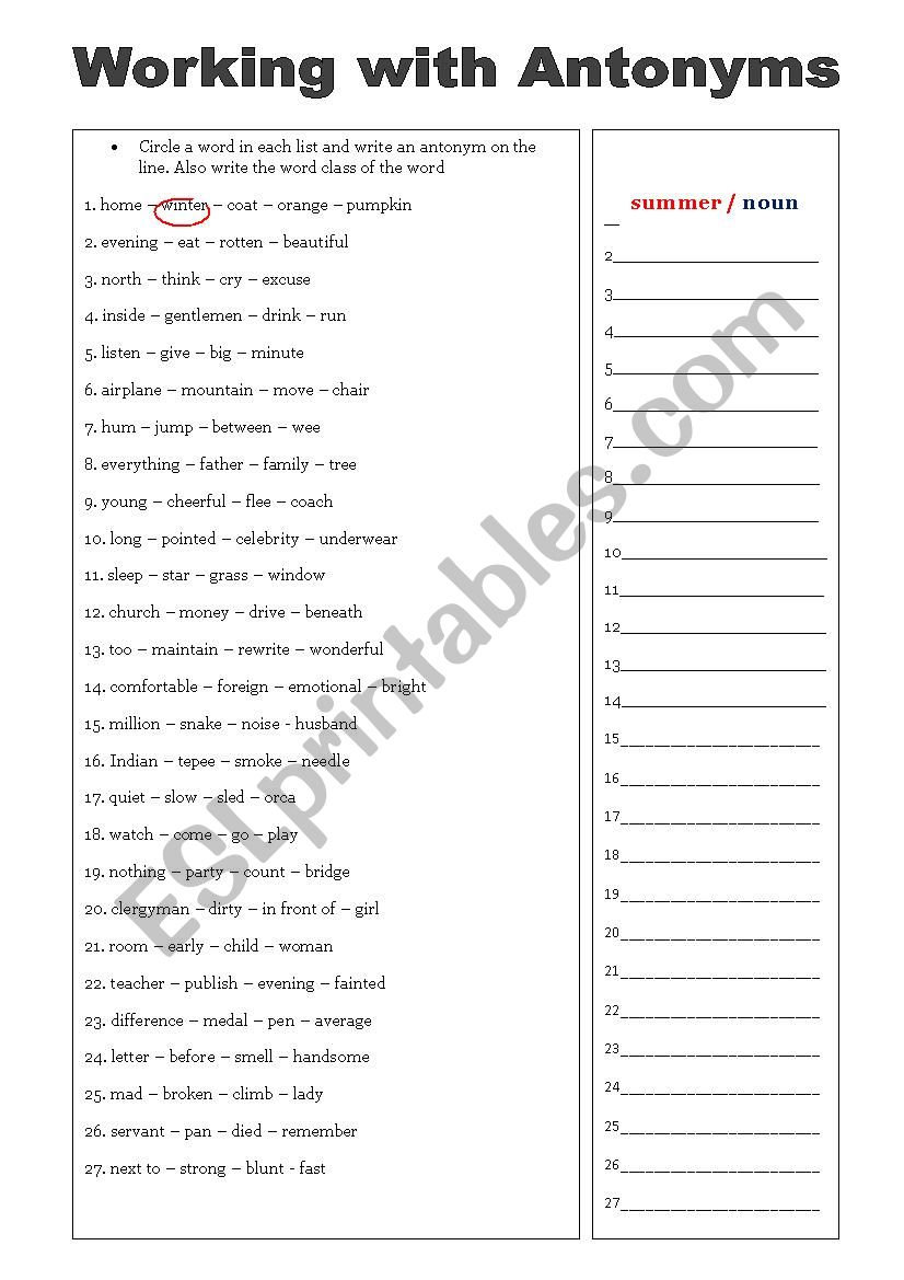Working with the antonym worksheet
