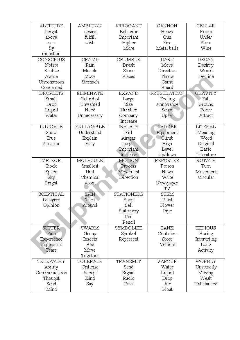 taboo game worksheet