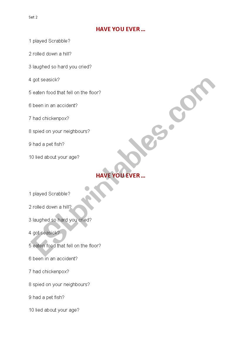 Have you ever ....? set 2 worksheet