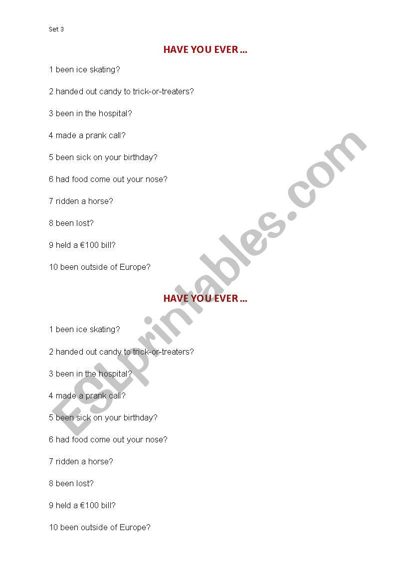 Have you ever ...? set 3 worksheet