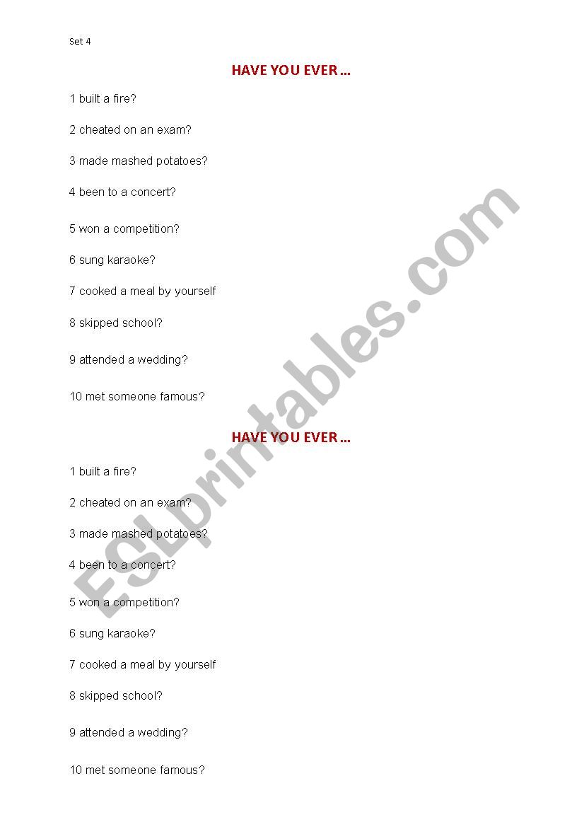 Have you ever ...? set 4 worksheet