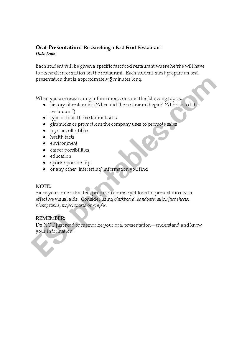 Fast Food Restaurants: Oral Presentation Handout