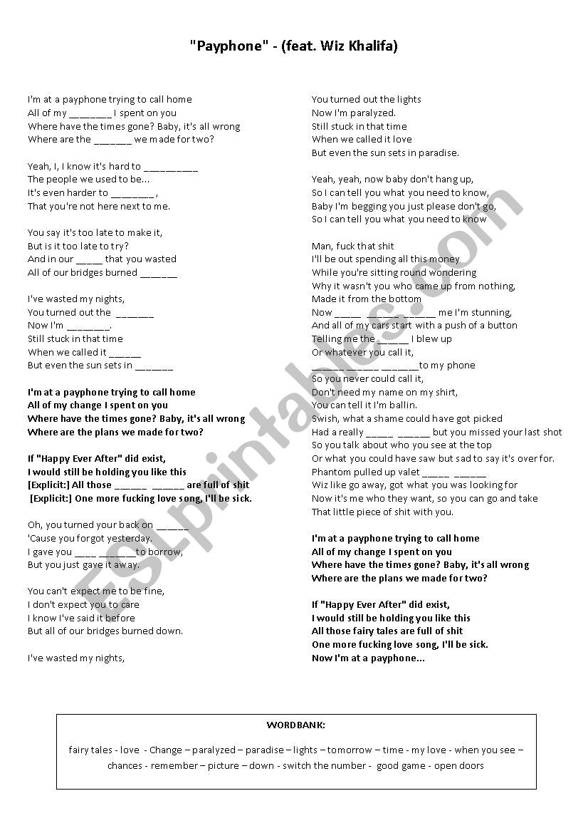 MAROON 5 - PAYPHONE (LYRICS EXERCISE)