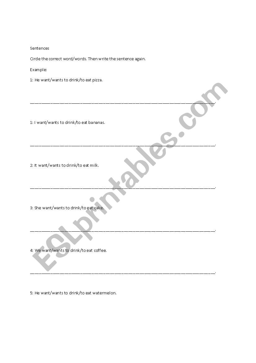 Sentences want vs wants worksheet
