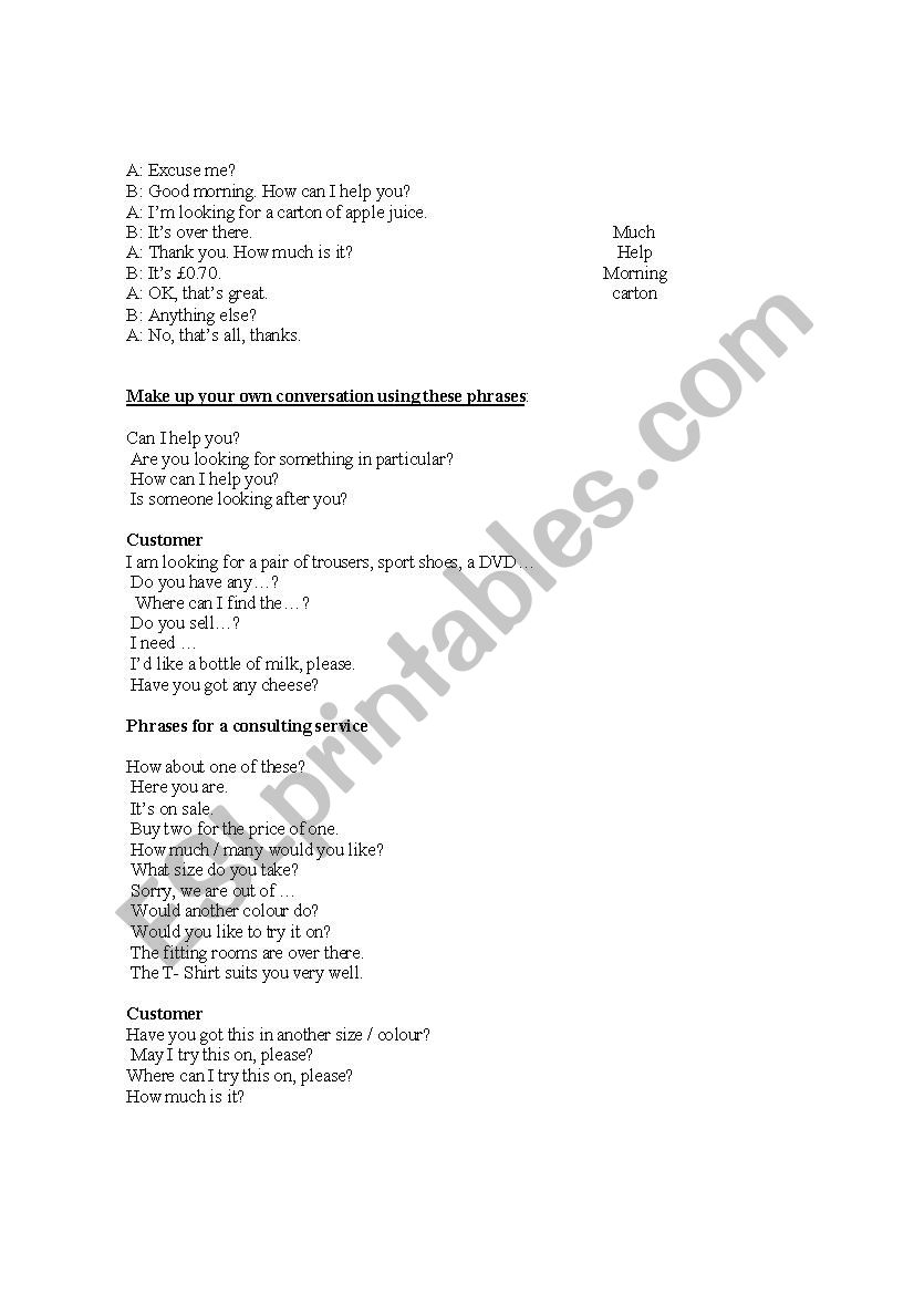 Going shopping worksheet