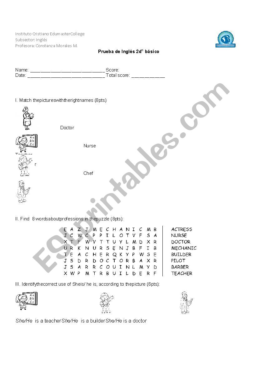 professions test worksheet