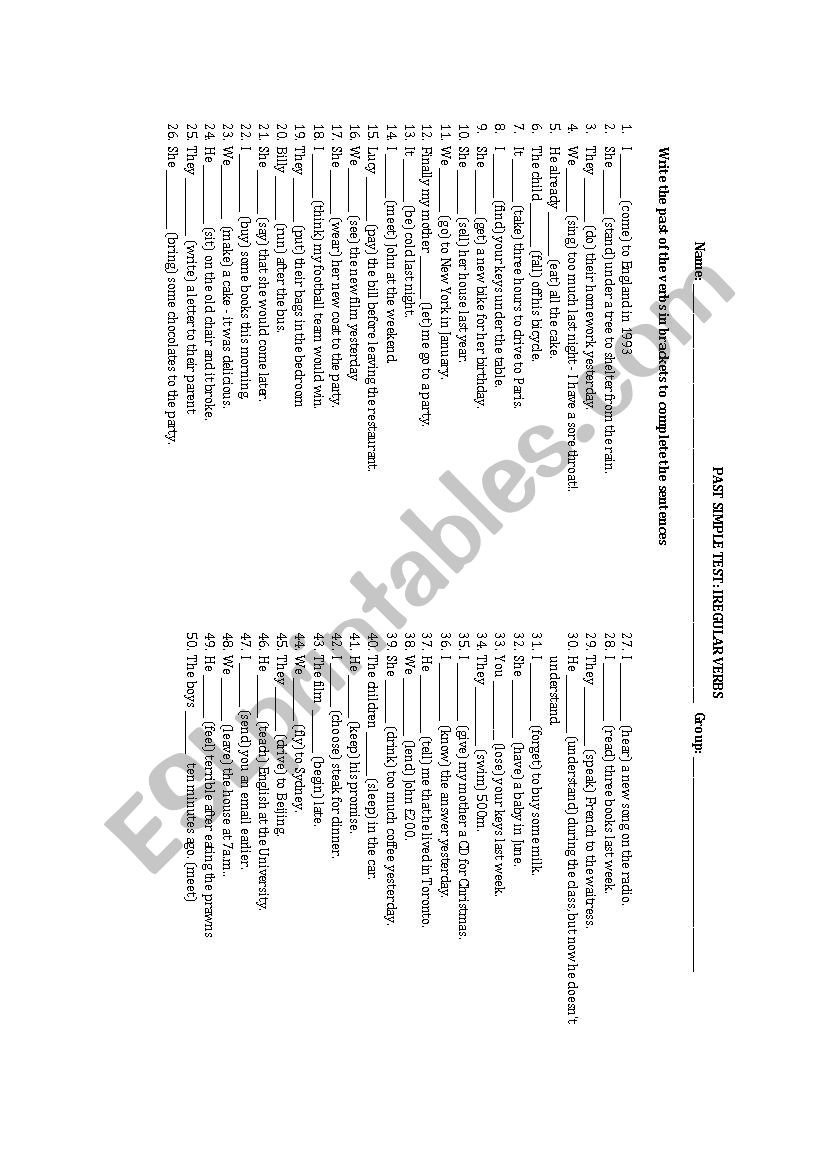 Irregular verbs test worksheet