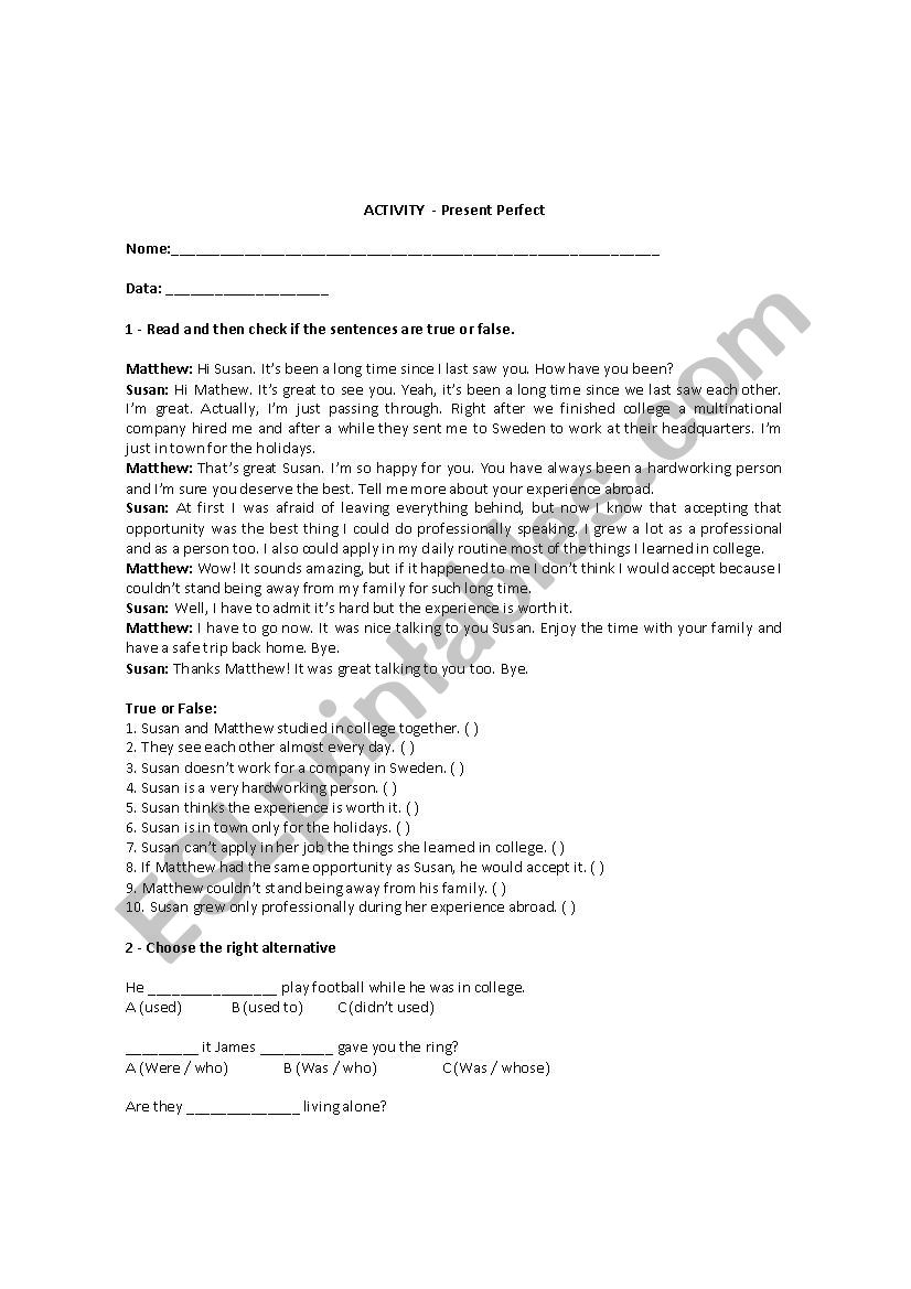 Present Perfect worksheet