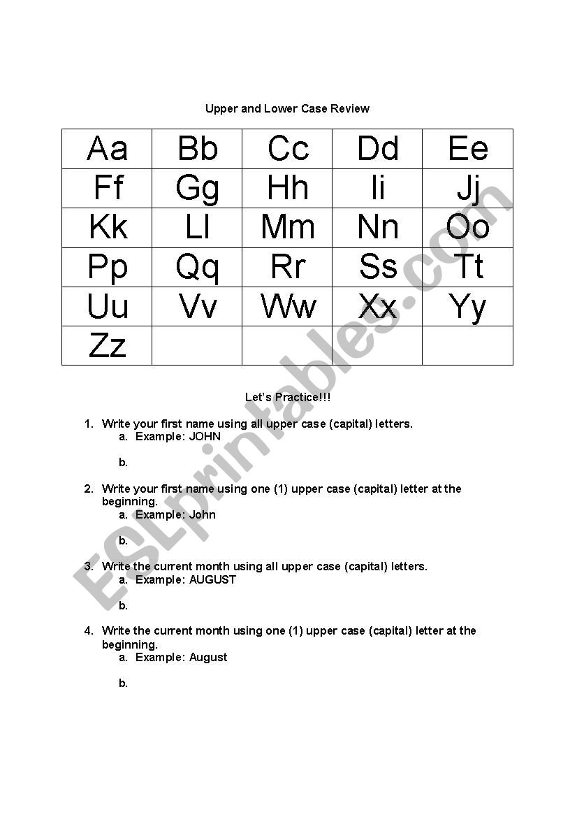 Upper and Lower Case Review and Homework