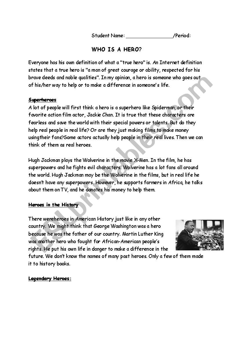 Heroes-Types of Heroes worksheet