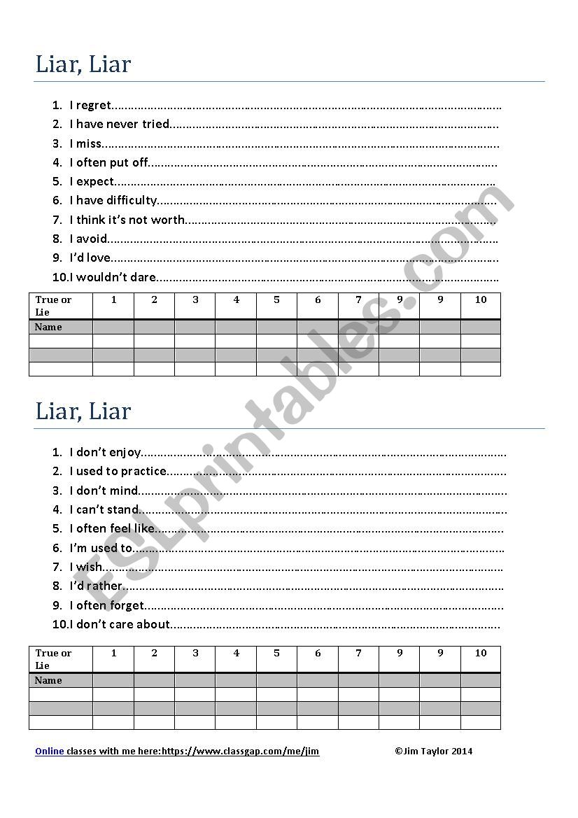 Liar liar worksheet