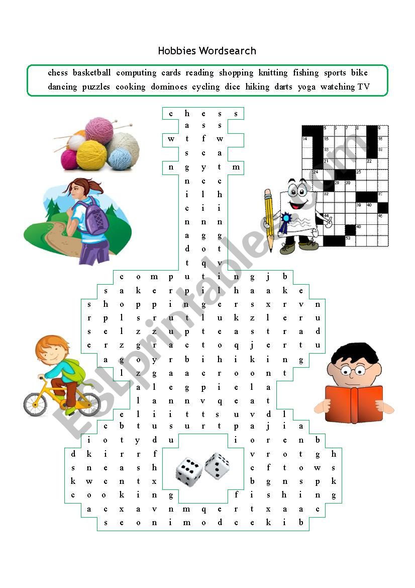 Hobbies wordsearch worksheet