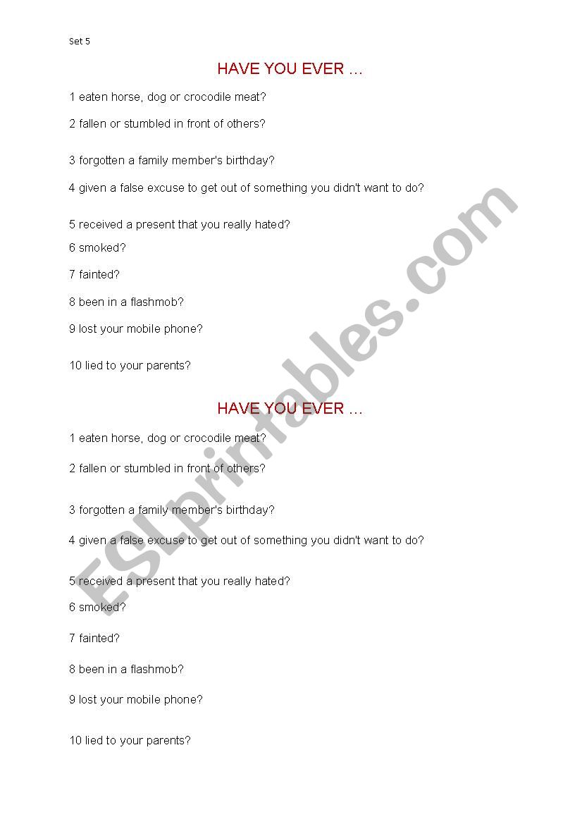 Have you ever ...? set 5 worksheet