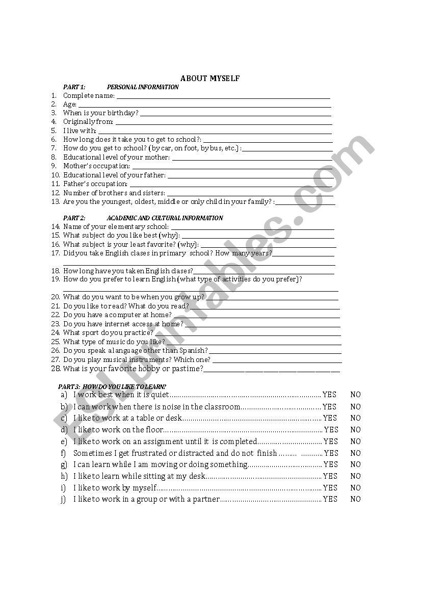getting to know your students QUESTIONNAIRE