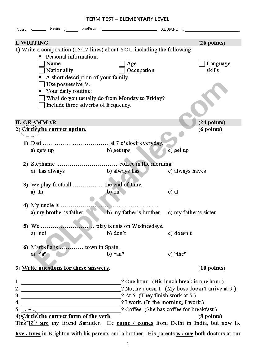 EXAM FOR ELEMENTARY LEVEL worksheet