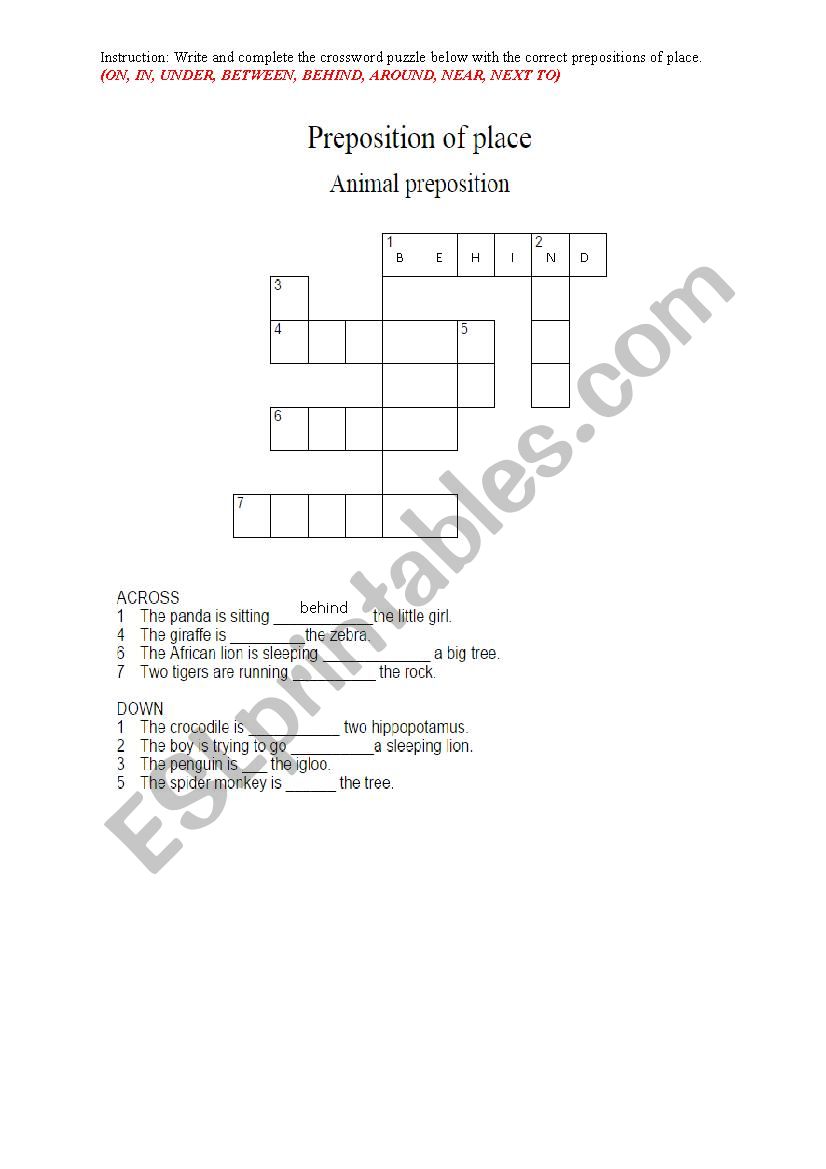 Crossword Puzzle Preposition of place