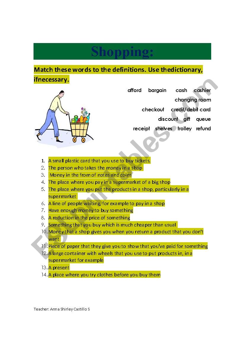 Shopping  worksheet