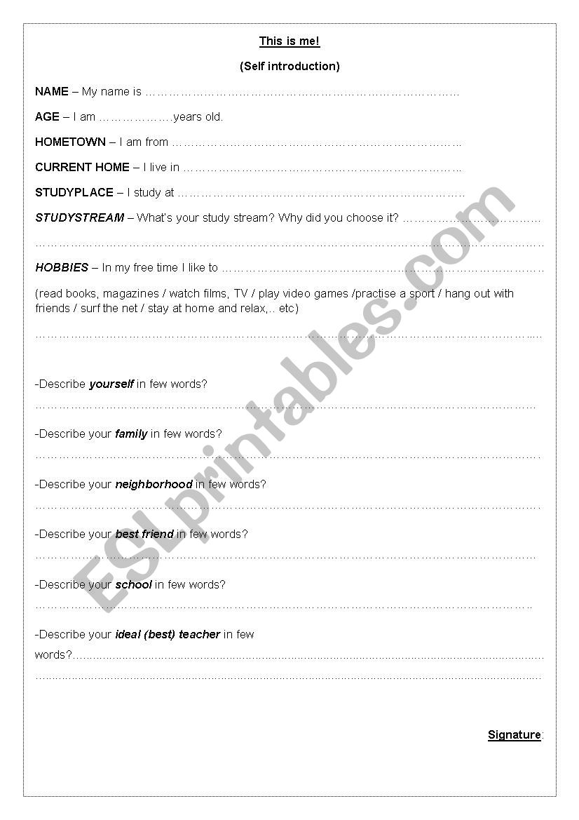 self introduction worksheet