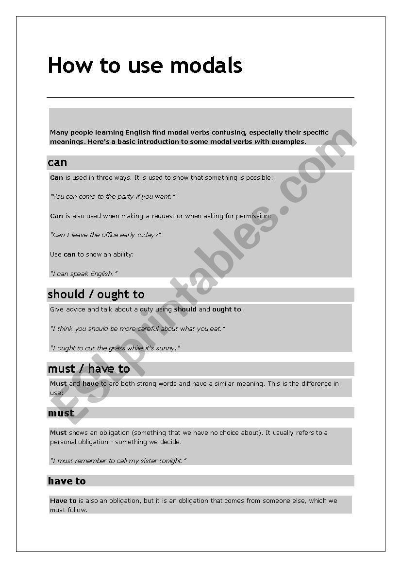 How to use modals worksheet