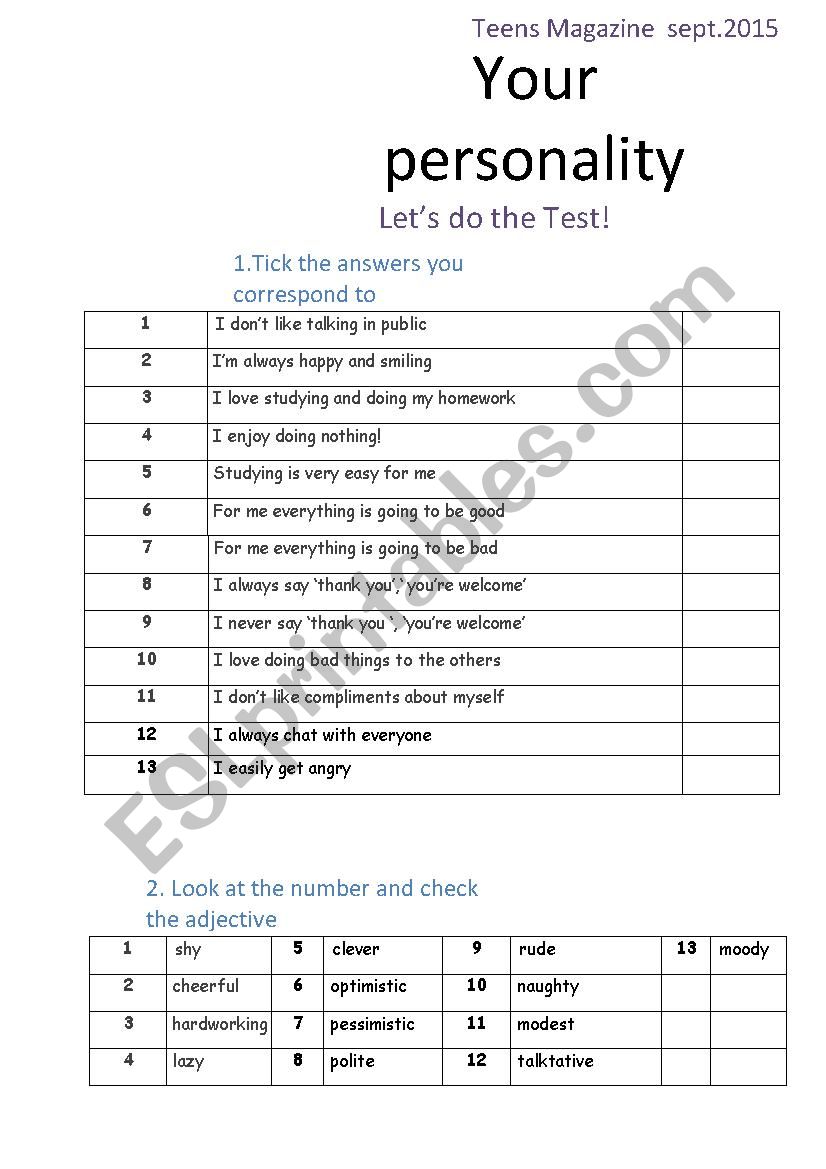 Test your personality worksheet