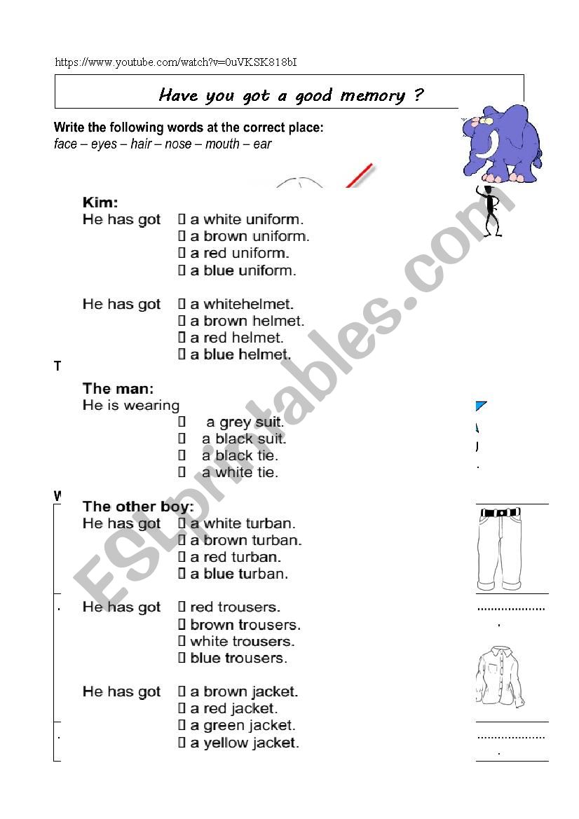 MEMORY kims game worksheet