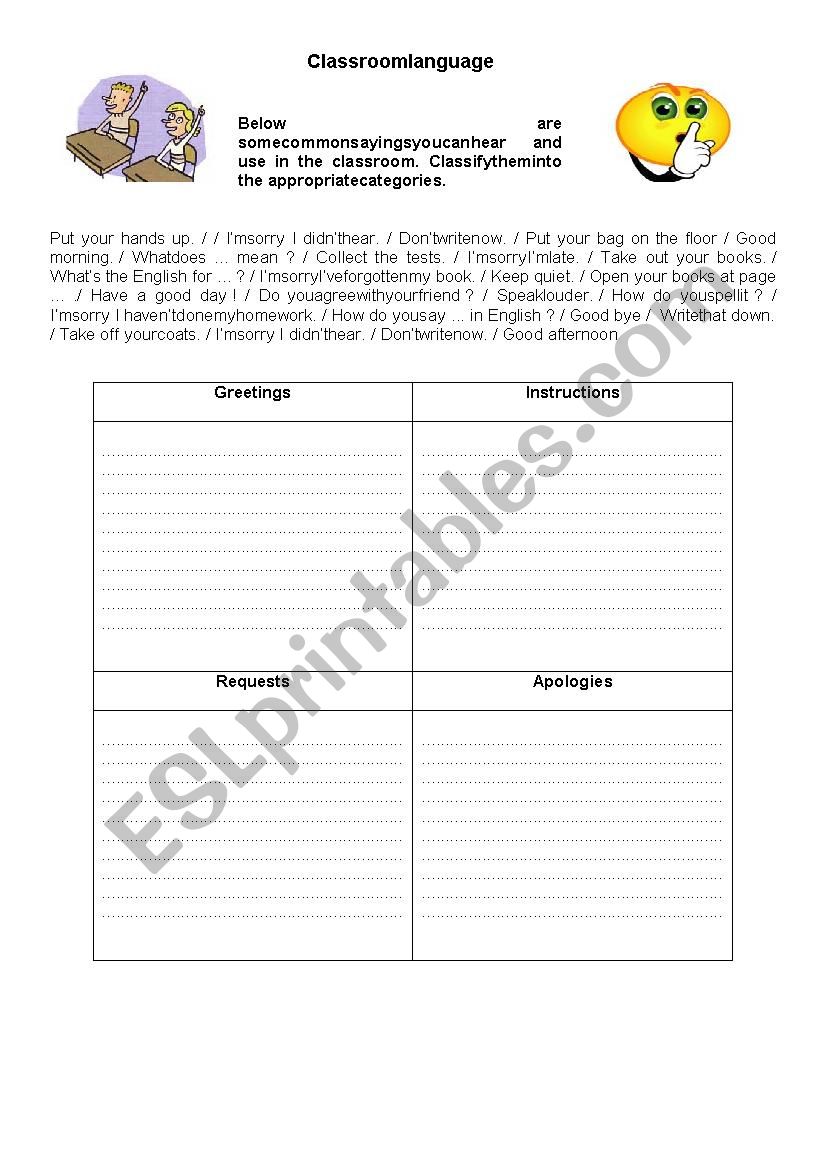 Classroom language worksheet