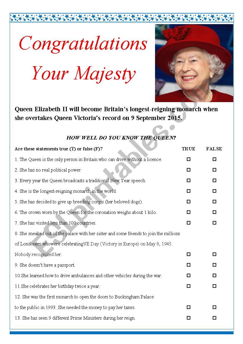Congratulations Your Majesty worksheet